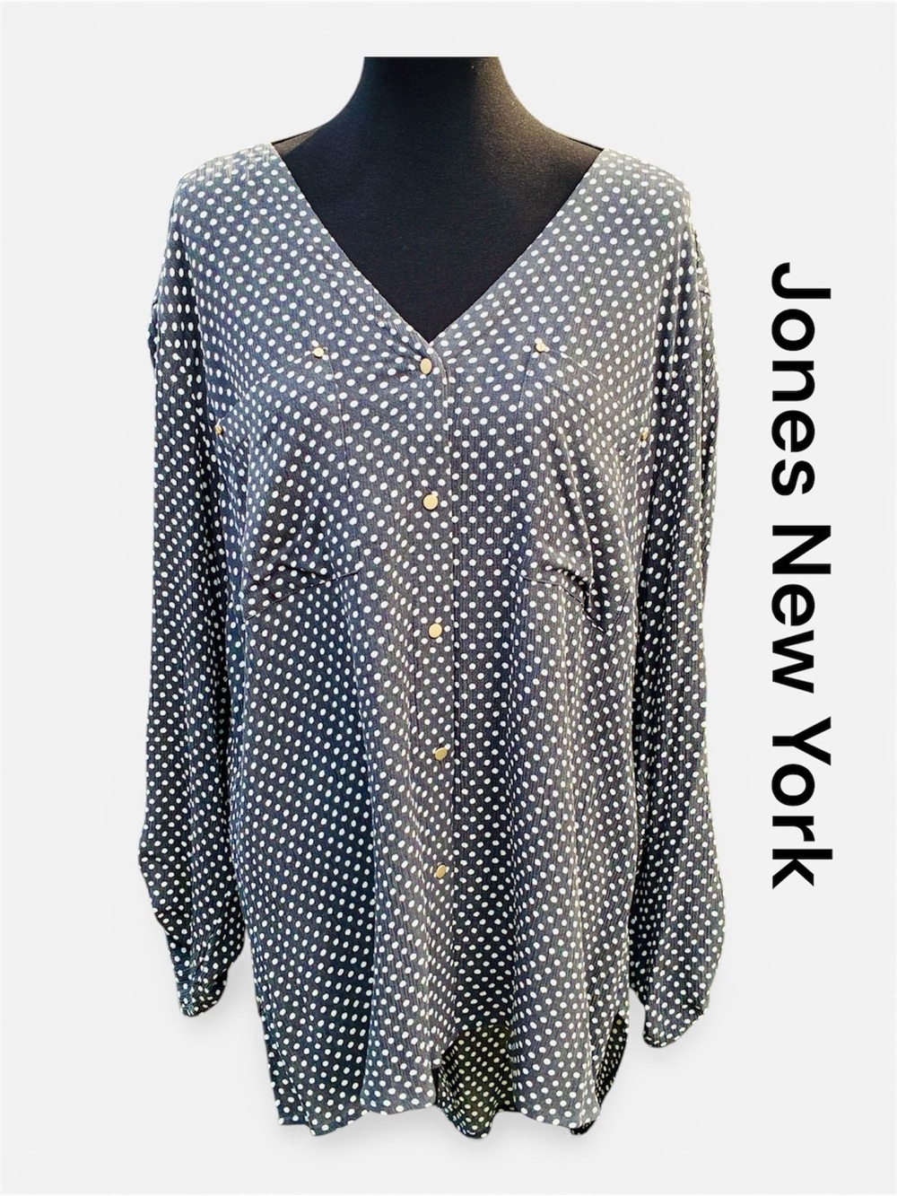 NWT Jones New York Polka Dot V-Neck Button Front Blouse Top Plus SZ 2X